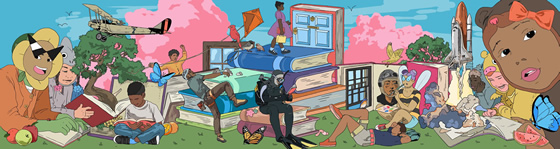 Kari Blak mural, “Beyond the Pages” at Bessie Coleman Branch Library